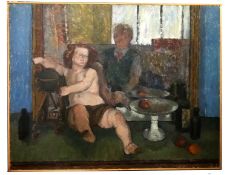 John Higgins RA RBA (b.1941) 'Still Life with Cherub and Mirror', oil on board, inscribed and signed