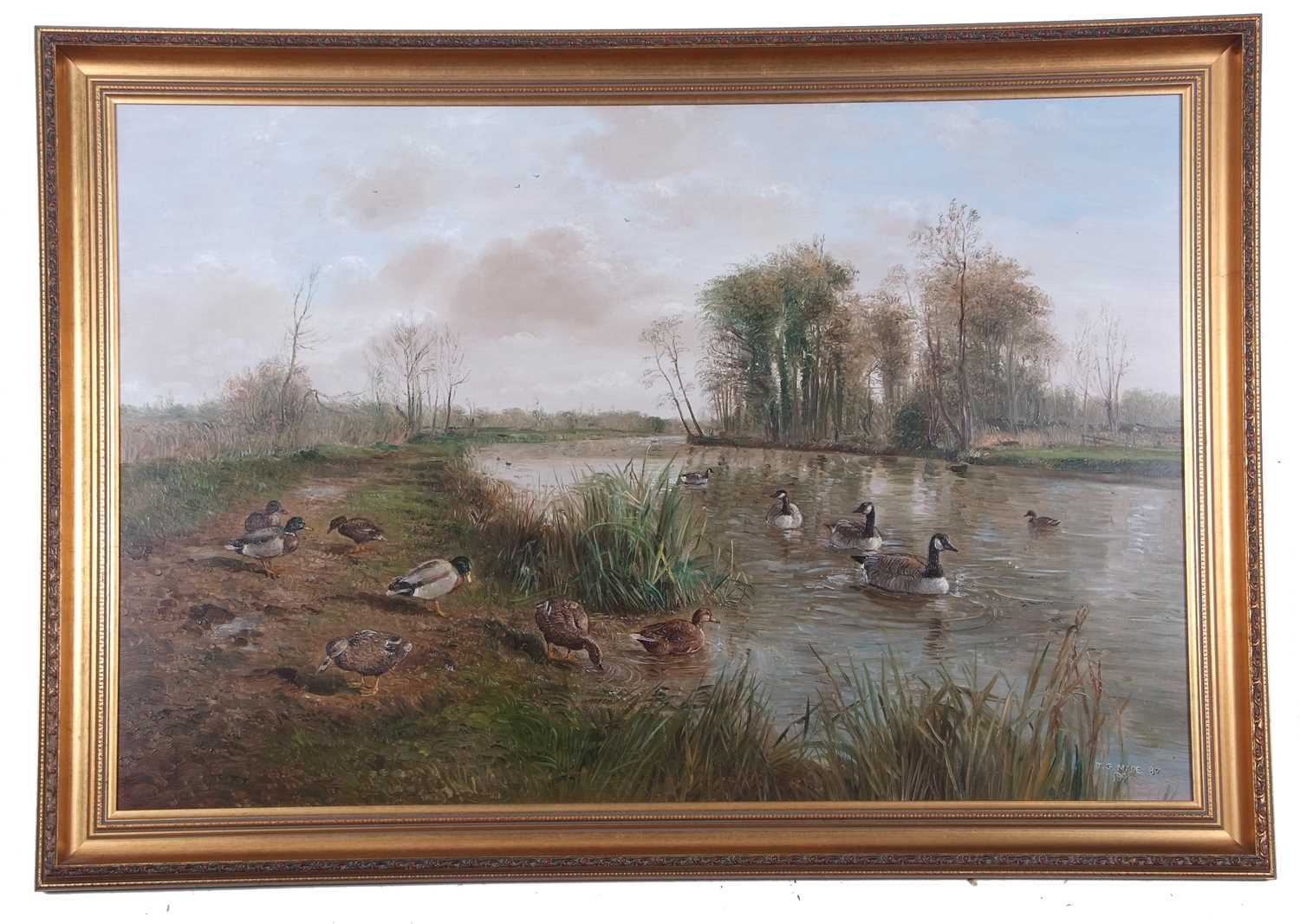 John G. Mace (British, 20th/21st century), Brent Geese and Ducks in a countryside landscape, oil - Image 2 of 2