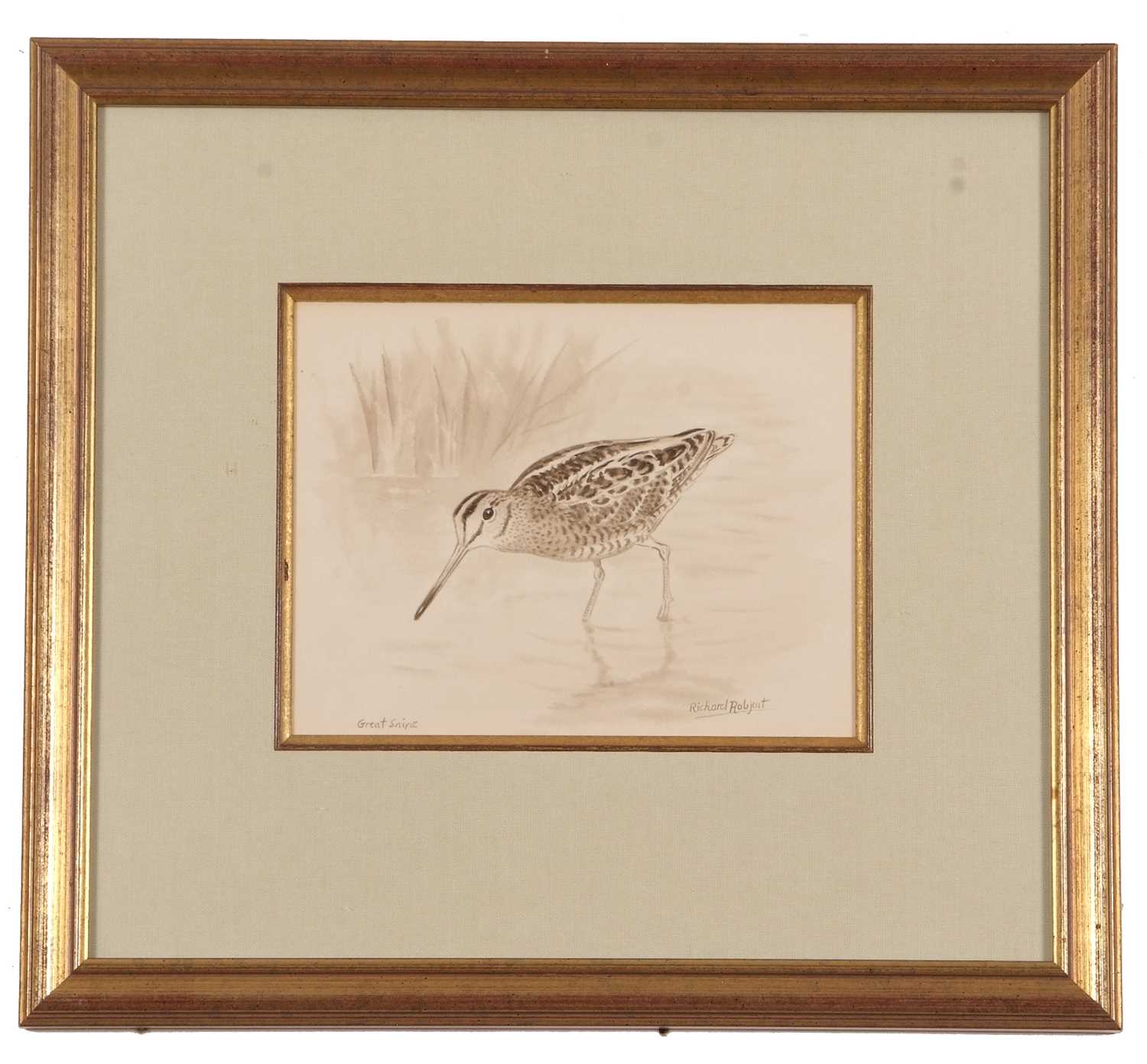 Richard Robjent (British, 20th century), "Great Snipe", watercolour, signed,14x17.5cm, framed and - Image 2 of 2