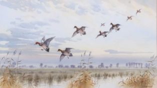 John Paley (British, 20th century), "Wigeon at St.Benets Abbey", watercolour, signed, 34x60cm,