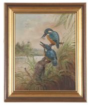 John G.Mace (British, 20th/21st century), Kingfishers, oil on board, monogrammed,19x24cm, framed.