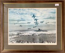 Julian Novorol (b.1949), Ducks alighting over winter marshland, limited edition chromlithograph,