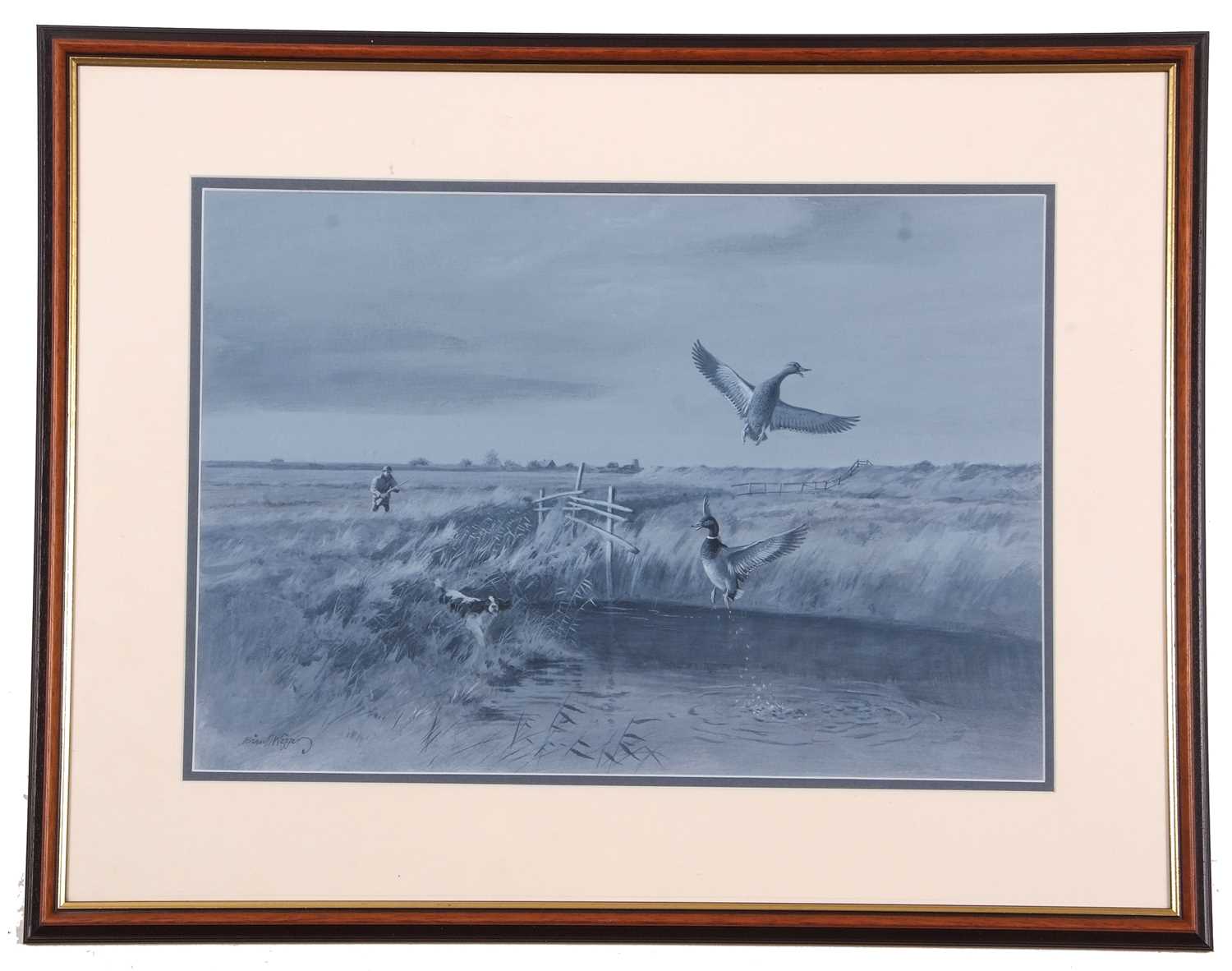 Brian Wigger (British, 20th century), Huntsman with dog flighting ducks, acrylic en grasaille on - Image 2 of 2