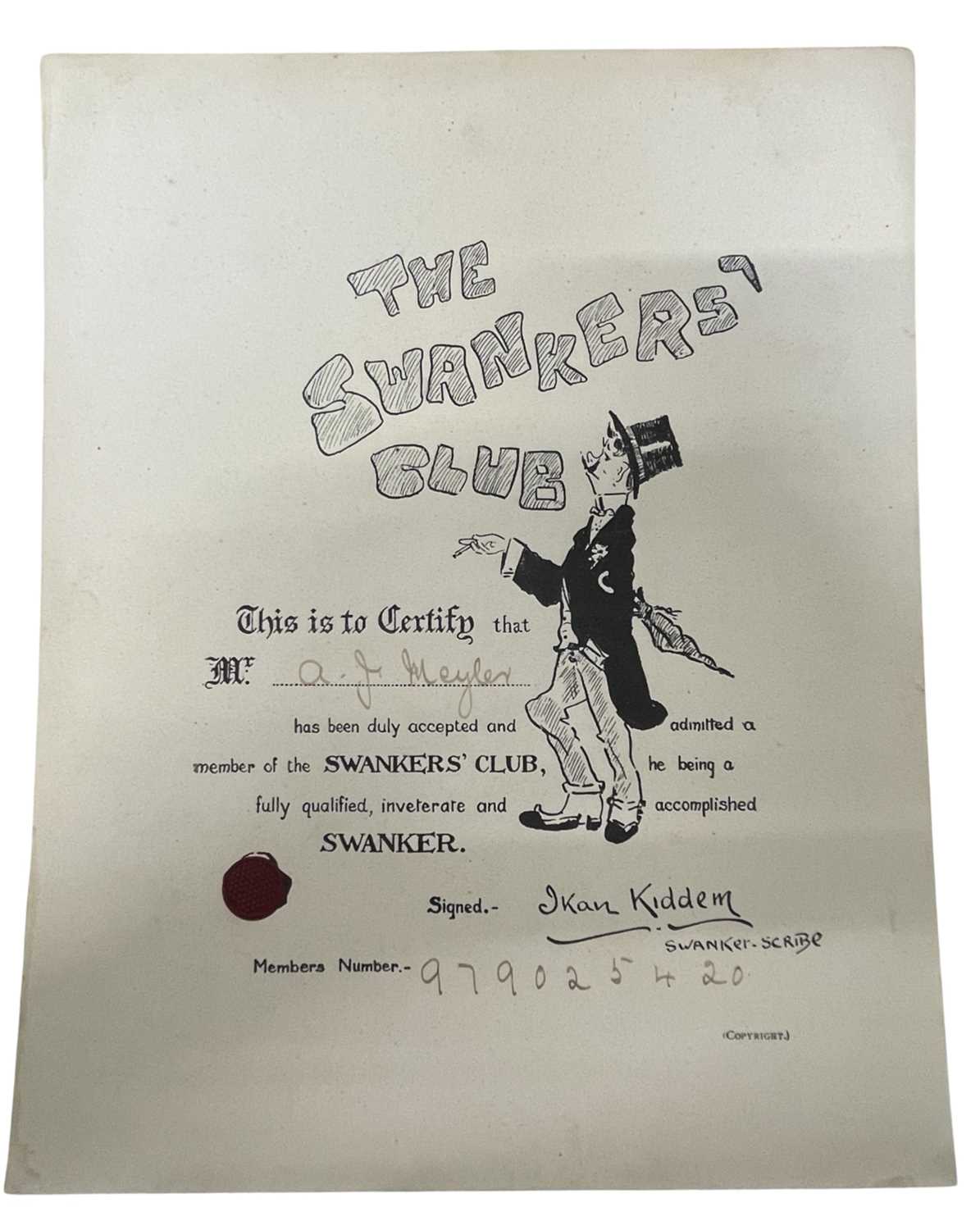 A c1920 'The Swankers Club' certificate (London). Mounted to card, the 'Wanganui Swankers' Club