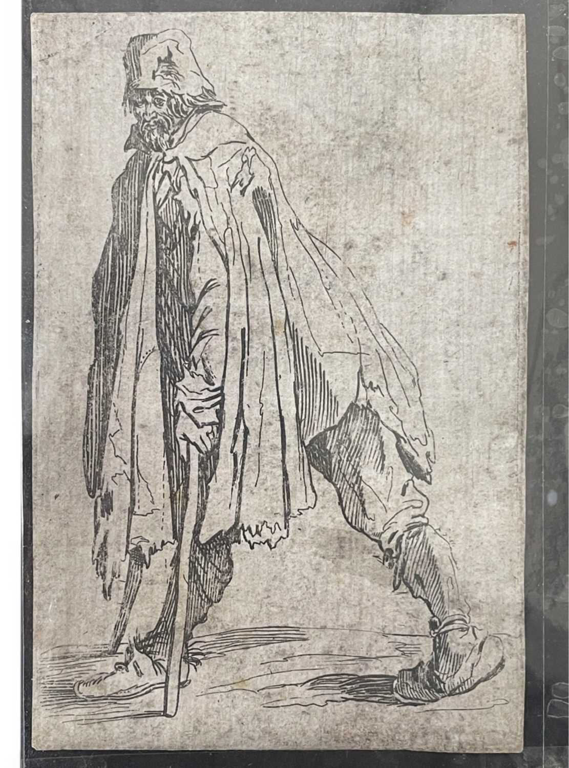 JACQUES CALLOT: Small etching, Beggar on crutches, c1623. From LES GUEUX SUITE APPELEE AUSSI LES