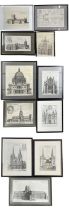 A collection of 11 framed and glazed copper engraved architectural prints, mostly from Dugdale, 17th
