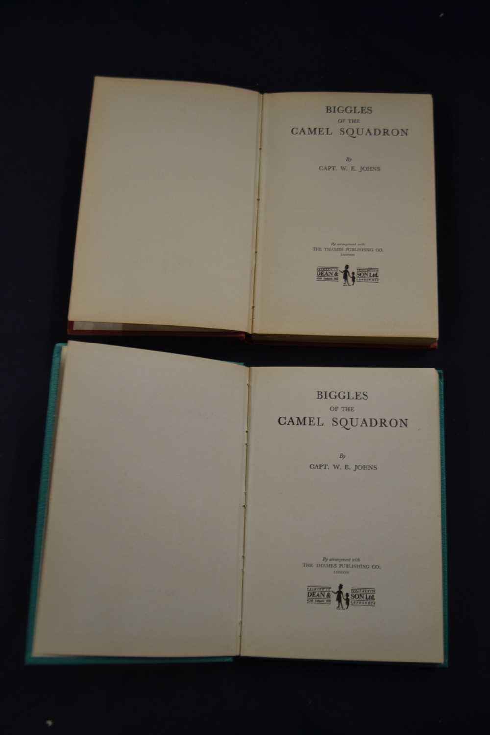 W E JOHNS: BIGGLES OF THE CAMEL SQUADRON, two versions: Purnell and Son, red cloth, embossed to - Image 2 of 4
