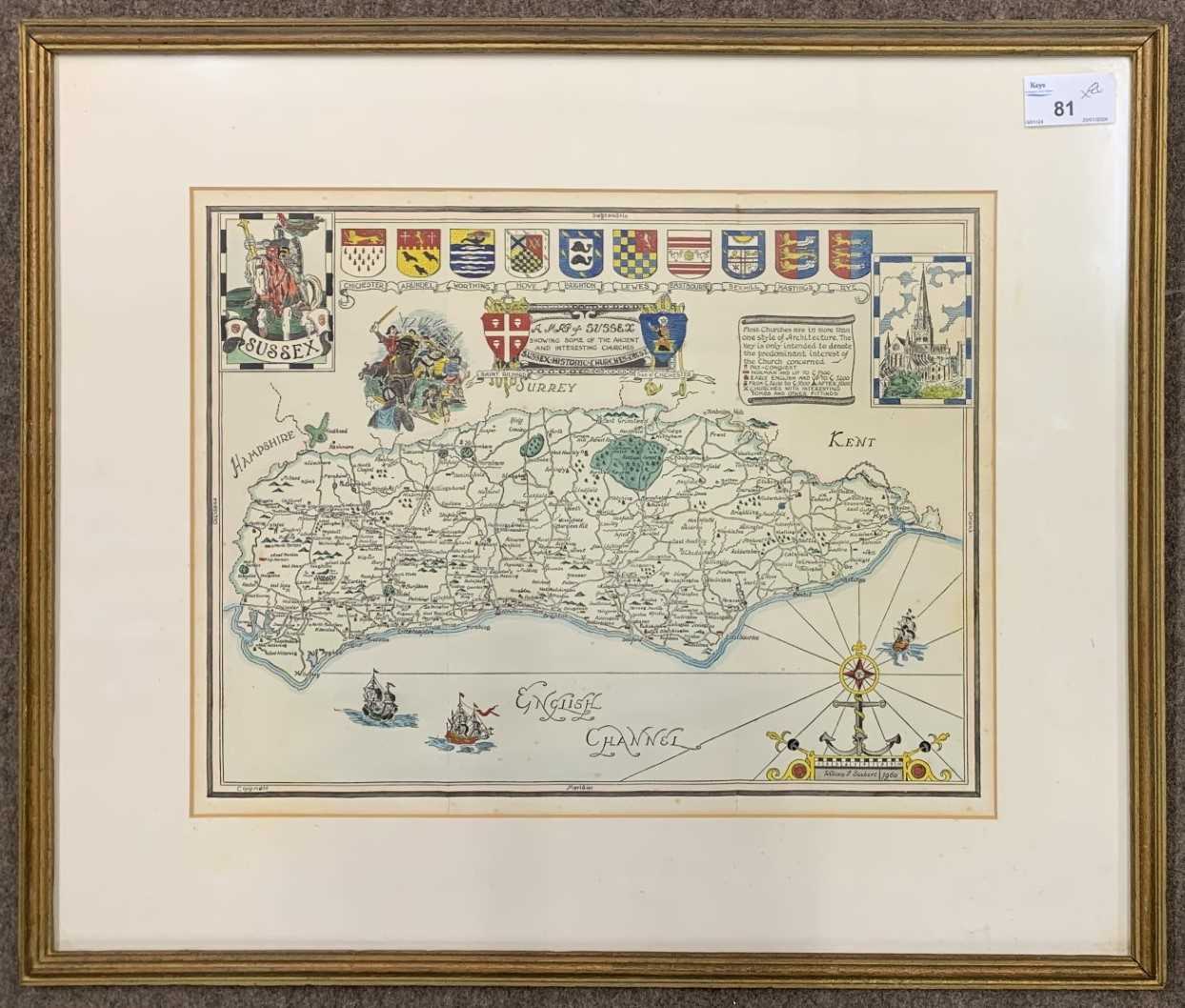 William F. Siebert (British, 20th century), "A Map of Sussex", ink and handcoloured, dated 1960,