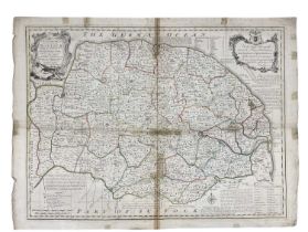 EMAN BOWEN: Coloured engraved map of Norfolk divided into hundreds, 1749. Dedicated to 'The Right