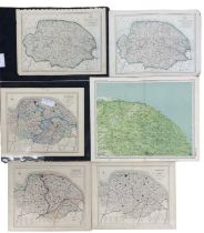 Six various coloured maps of Norfolk, to include: Walker's map of Norfolk, 1861, marked up for fox-