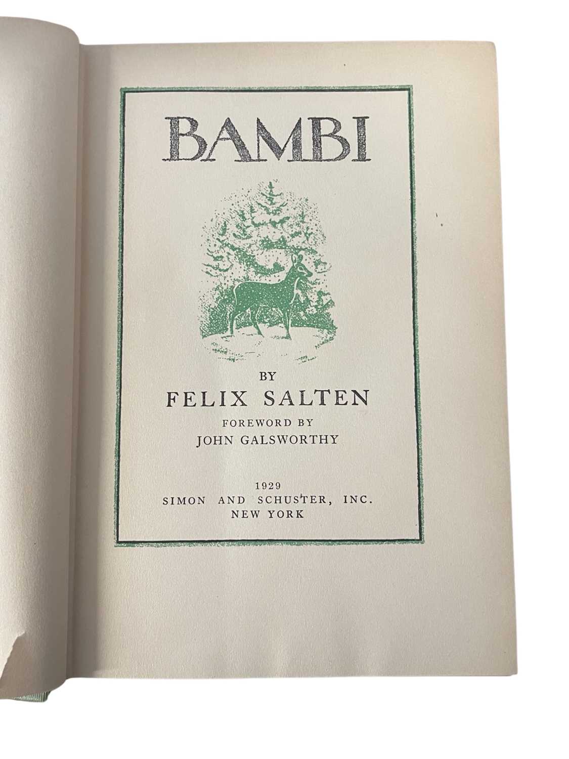 FELIX SALTEN AND KURT WEISE (Illus): BAMBI, New York, Simon and Schuster, 1929, with original (worn) - Image 2 of 5