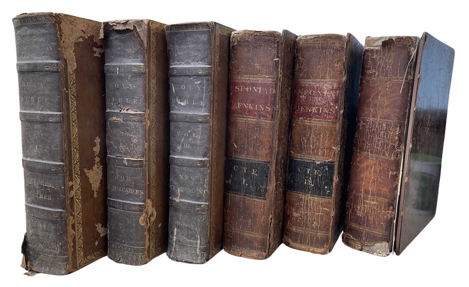 ANTIQUARIAN BIBLES: A pair of 3 volume sets in English and Welsh, respectively. Period calf