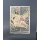 A c19th century Oriental Shunga erotic print, on rice paper in window mount. Image size