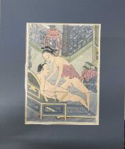 A c19th century Oriental Shunga erotic print, on rice paper in window mount. Image size