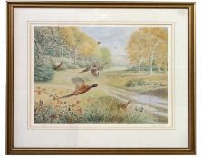 Robin Reckitt (British, b.1928), Pheasants alighting from woodland, limited edition lithograph,