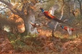 Archibald Thorburn (1860-1935), Pheasants flushed from the woods, Ernest T.H. Benett label on
