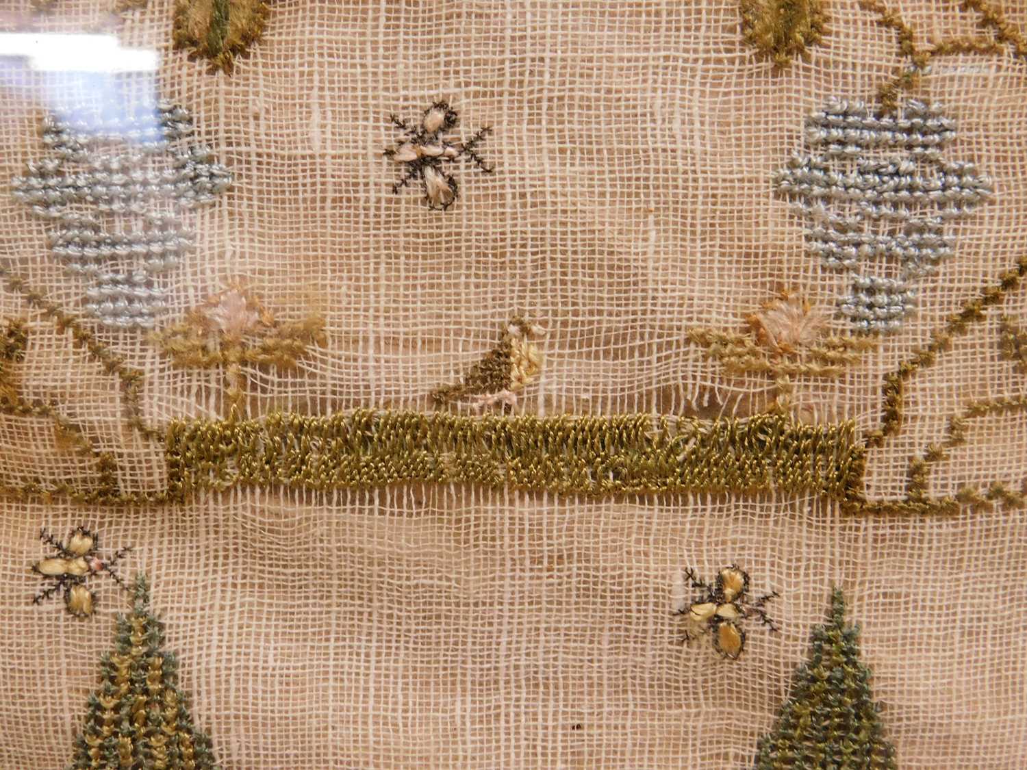 A Georgian needlework sampler, with flowers, foliage, birds and rabbits, named 'Jane Egar, Wisbeach, - Image 5 of 5