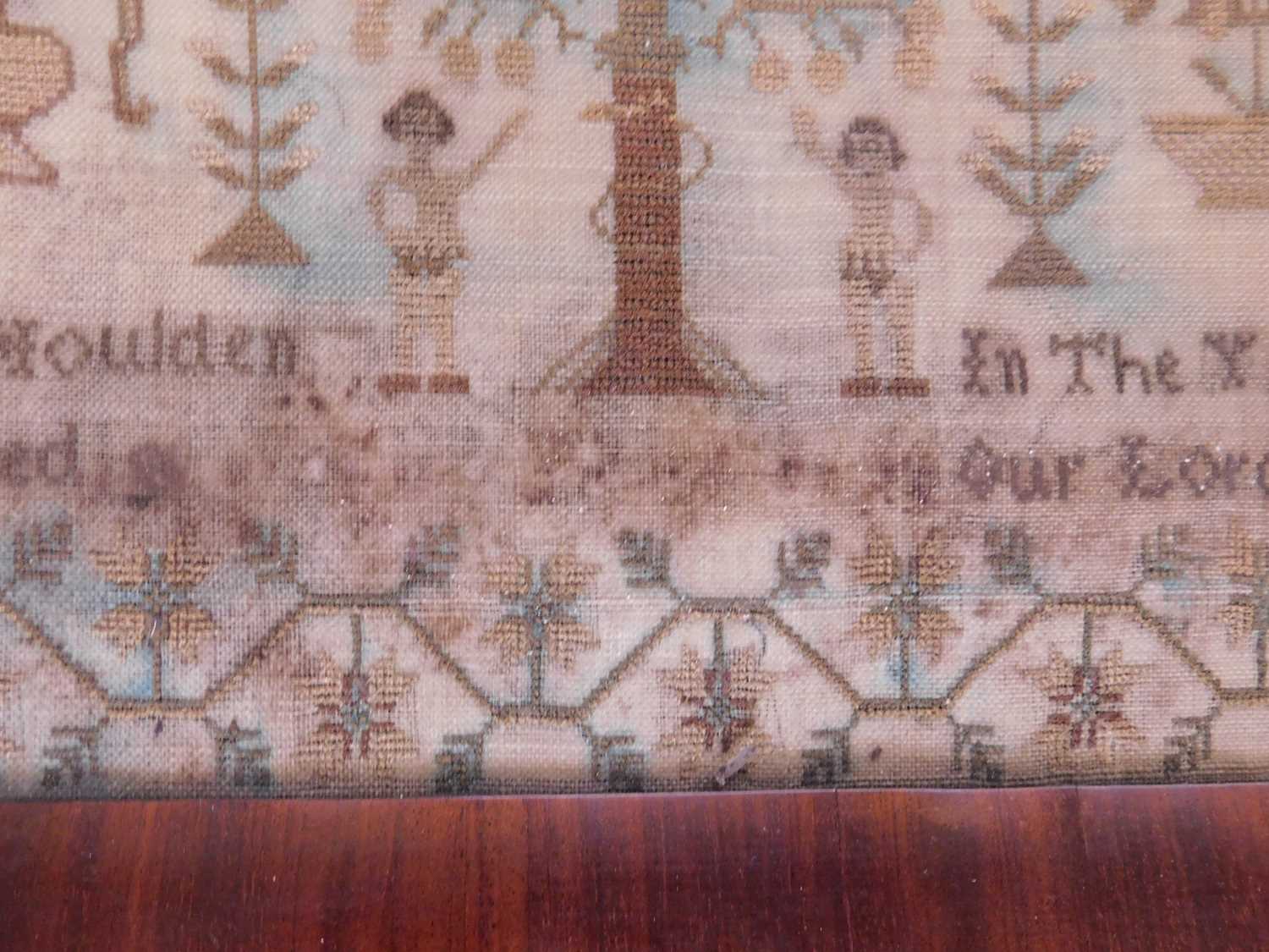 A mid 19th century needlwork sampler, with religious text, flora and fauna decoration, named 'Ann - Image 7 of 7