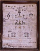 A Georgian needlework sampler, with rows of religious text, animals and buildings, named 'Ann