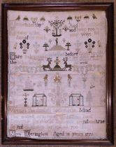 A Georgian needlework sampler, with rows of religious text, animals and buildings, named 'Ann