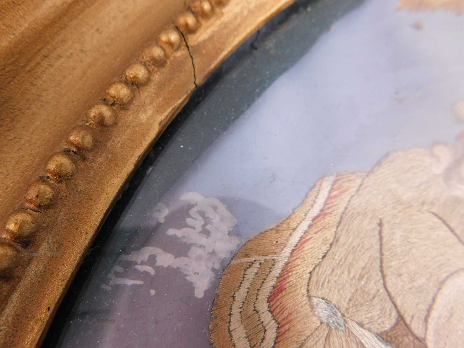 A 19th century needlework silk picture, the oval picture of a classical maiden by the tomb of - Image 9 of 10