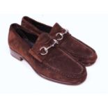 A pair of gents brown suede Gucci loafers with classic horse bit detail, size 44 small stikcer