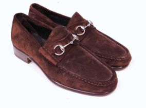A pair of gents brown suede Gucci loafers with classic horse bit detail, size 44 small stikcer