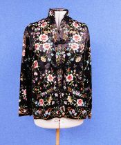 A black satin and muli-coloured embroidery Chinese jacket by Plum Blossom, with high neck, long