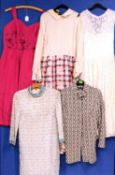 A quantity of lady's evening wear to include a cream with red and blue checked full length dress