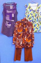 A group of mid-late 20th century ladieswear, to include a c.1970's brown and orange patterened shirt