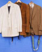 Quantity of menswear to include a brown tweed three piece suit, a brown corduroy jacket, an Austin