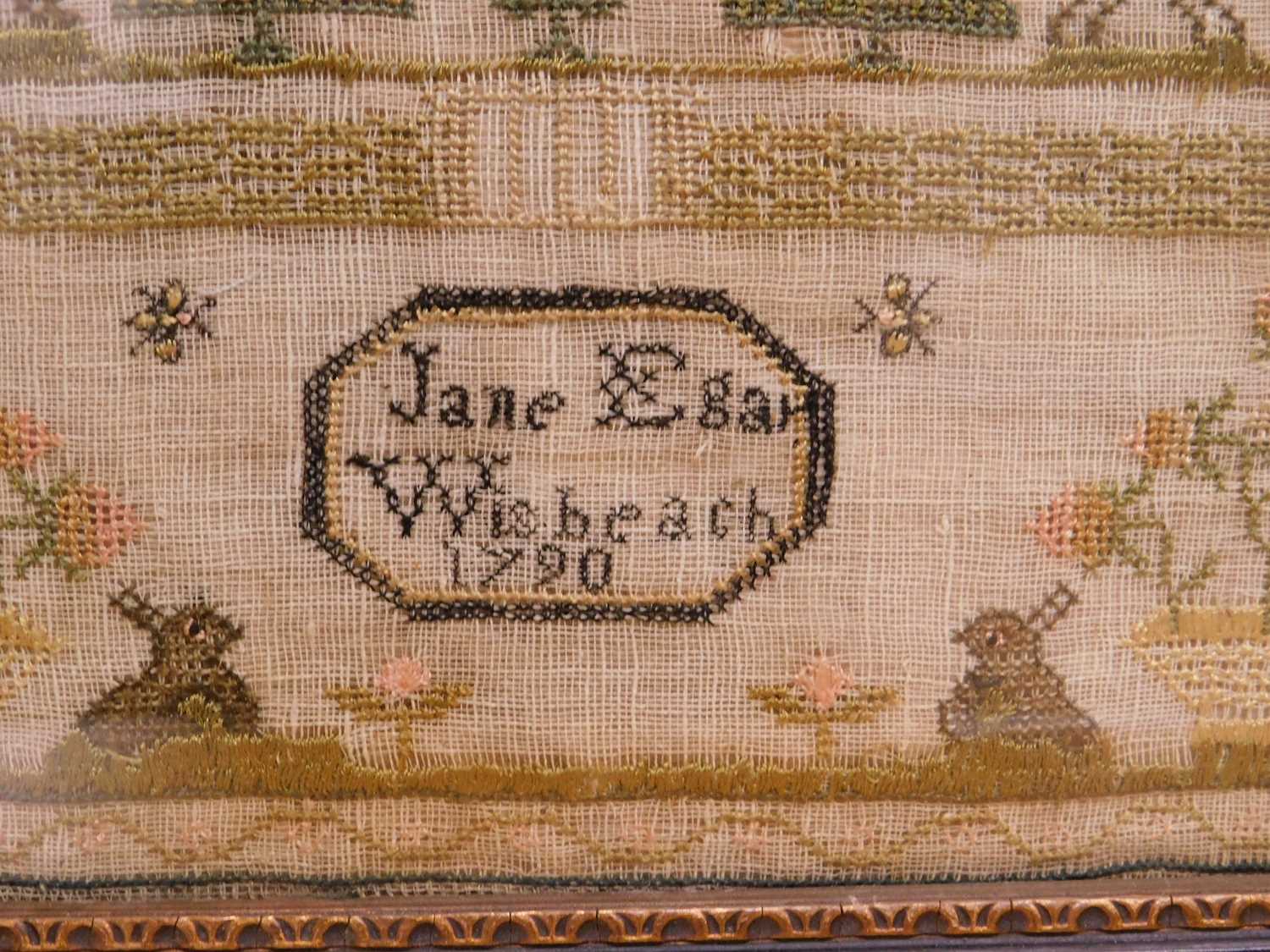 A Georgian needlework sampler, with flowers, foliage, birds and rabbits, named 'Jane Egar, Wisbeach, - Image 2 of 5