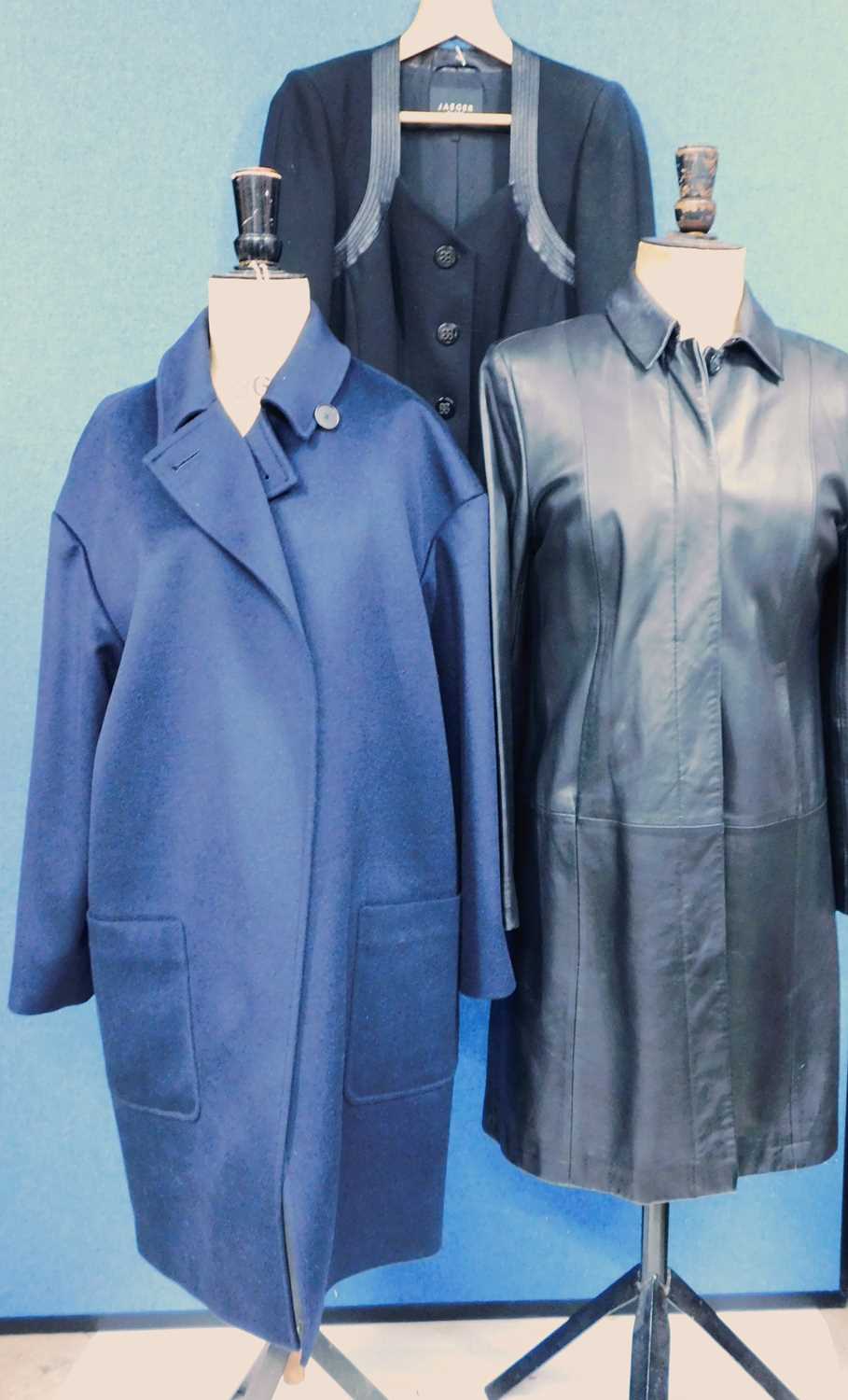 Three lady's coats to include a Jaeger navy blue wool coat size 8, a Jaeger black jacket with - Image 2 of 2