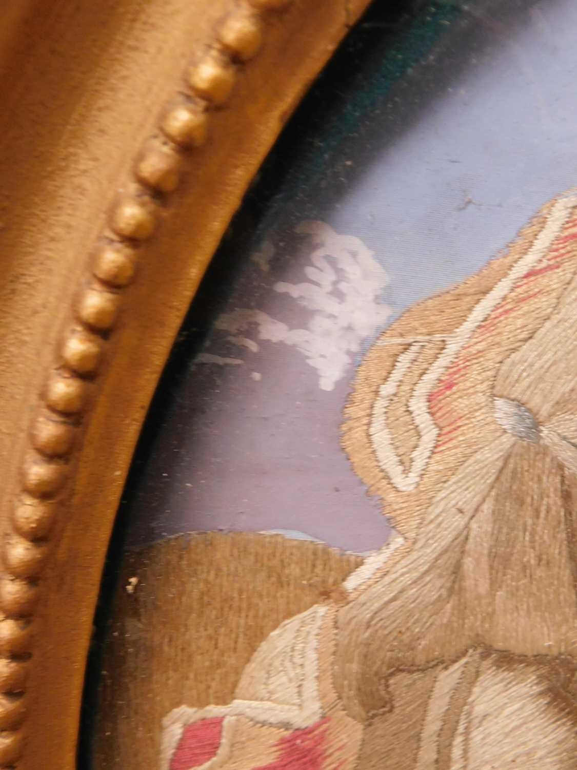 A 19th century needlework silk picture, the oval picture of a classical maiden by the tomb of - Image 6 of 10