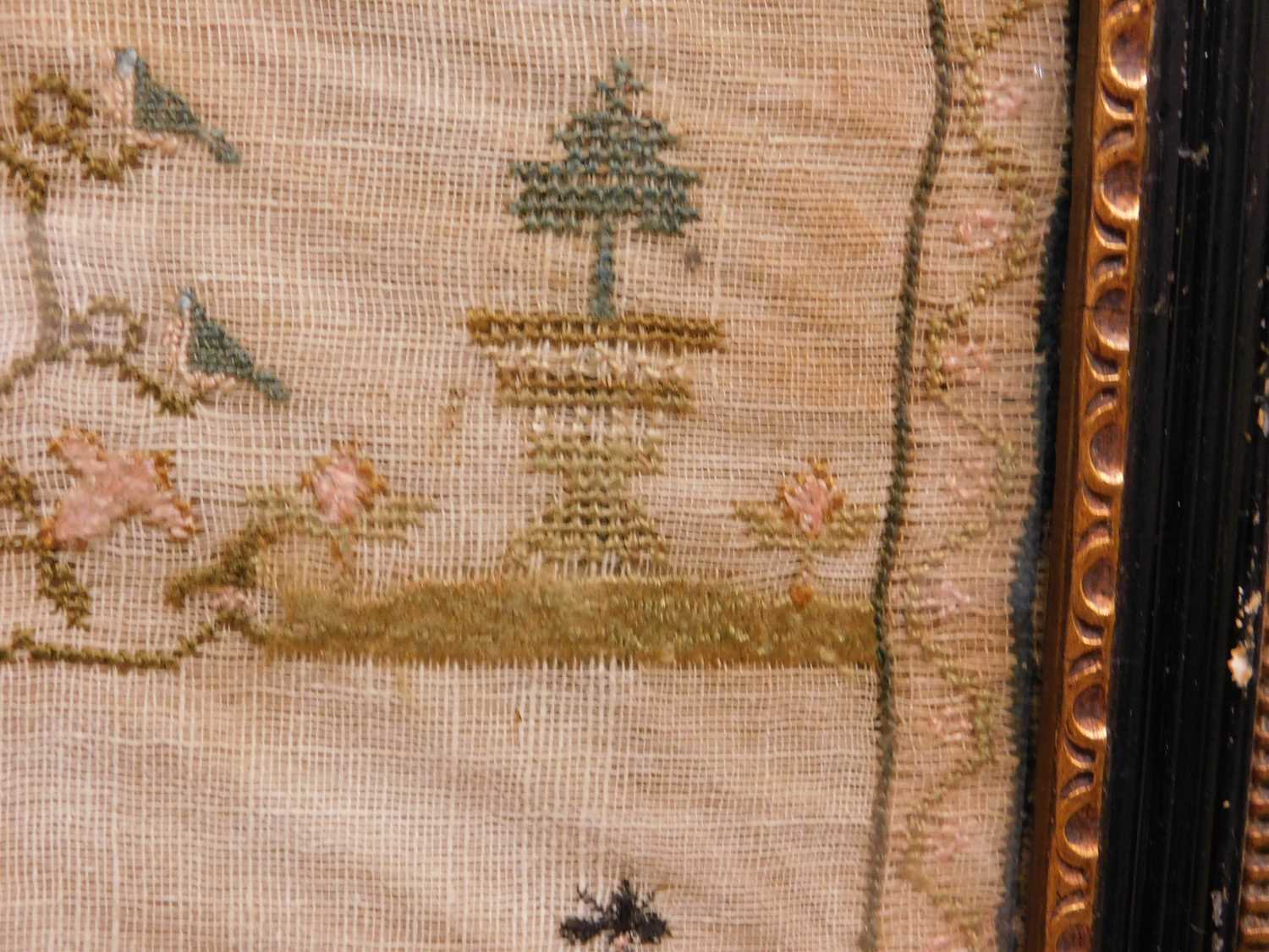 A Georgian needlework sampler, with flowers, foliage, birds and rabbits, named 'Jane Egar, Wisbeach, - Image 3 of 5