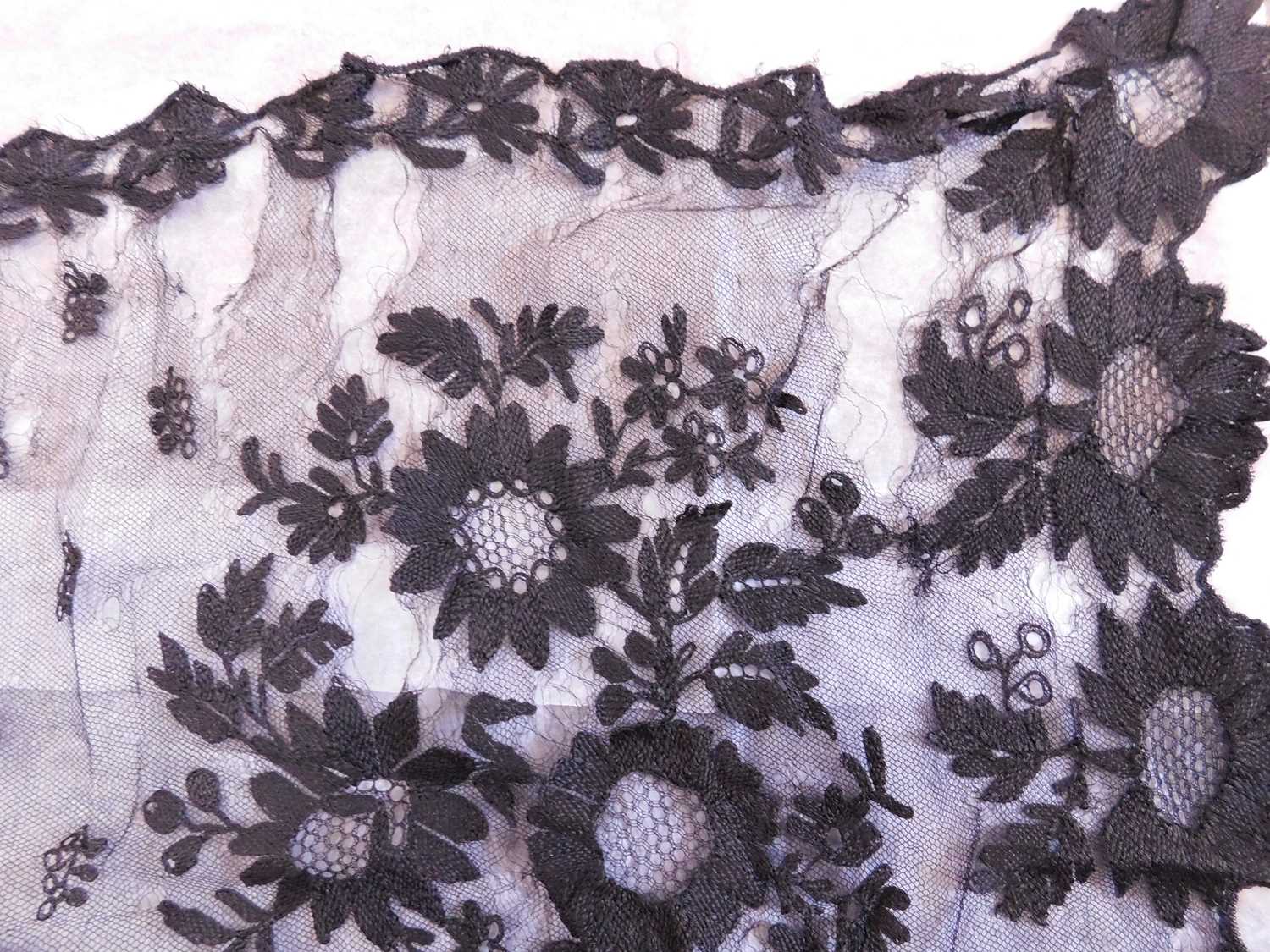 A late Victorian black lace shawl, with scalloped floral edges and allover floral pattern, approx. - Image 3 of 12