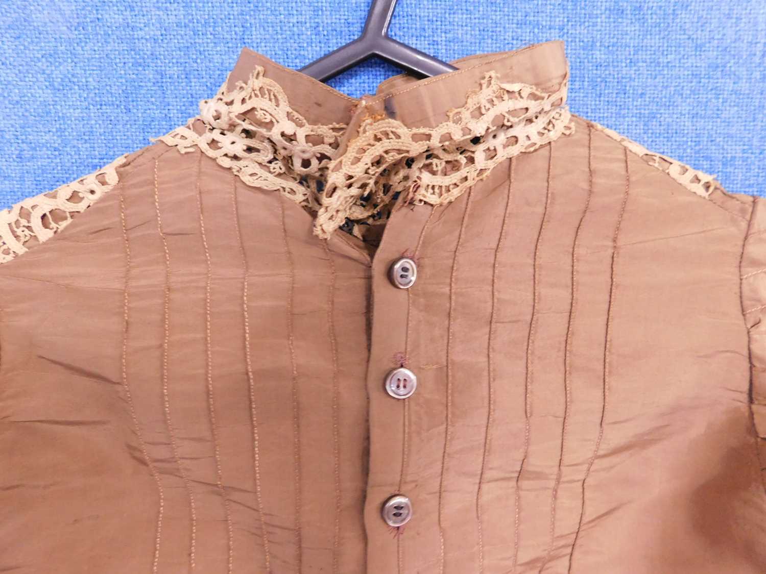A Victorian lady's brown silk blouse and matching skirt, the blouse with pin detailing to front - Image 2 of 8