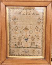 A needlework sampler, with biblical inscription, birds, flowers and houses, signed to bottom 'Mary