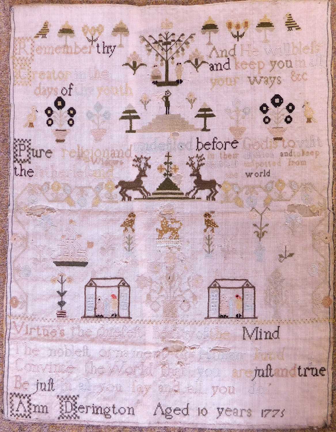 A Georgian needlework sampler, with rows of religious text, animals and buildings, named 'Ann - Image 3 of 6
