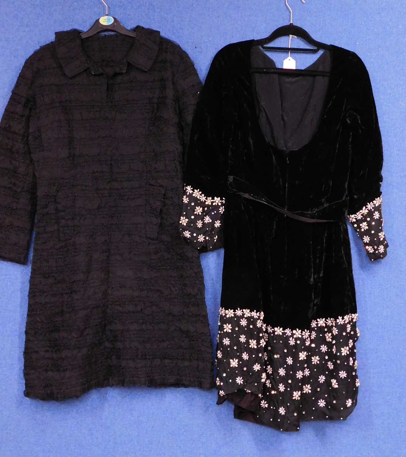 Two lady's mid 20th century evening dresses to include a black crushed velvet and beaded - Image 2 of 4