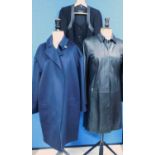 Three lady's coats to include a Jaeger navy blue wool coat size 8, a Jaeger black jacket with
