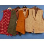 Four gentlemens waistcoats to include one in brown tweed, tan moleskin by Dunn & Co, red brocade and