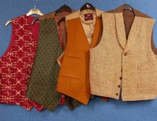 Four gentlemens waistcoats to include one in brown tweed, tan moleskin by Dunn & Co, red brocade and