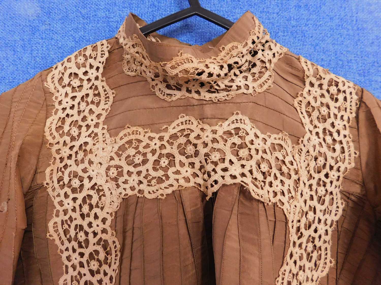 A Victorian lady's brown silk blouse and matching skirt, the blouse with pin detailing to front - Image 8 of 8