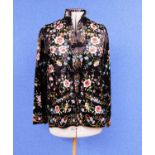 A black satin and muli-coloured embroidery Chinese jacket by Plum Blossom, with high neck, long
