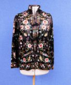 A black satin and muli-coloured embroidery Chinese jacket by Plum Blossom, with high neck, long