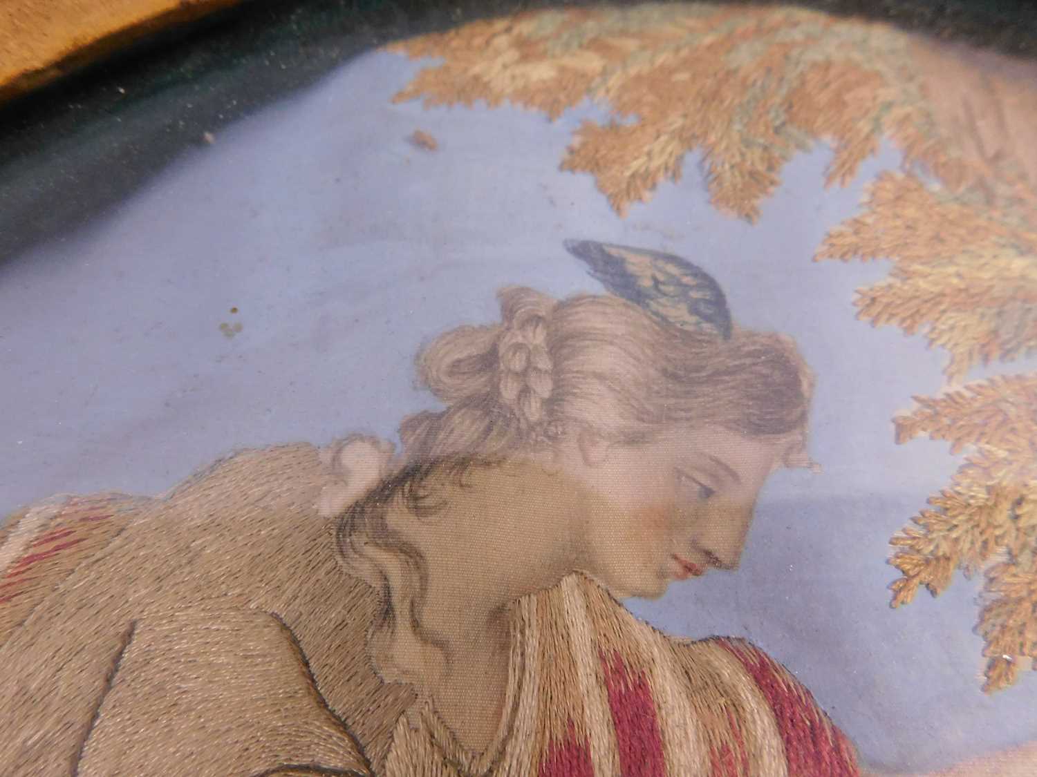 A 19th century needlework silk picture, the oval picture of a classical maiden by the tomb of - Image 10 of 10