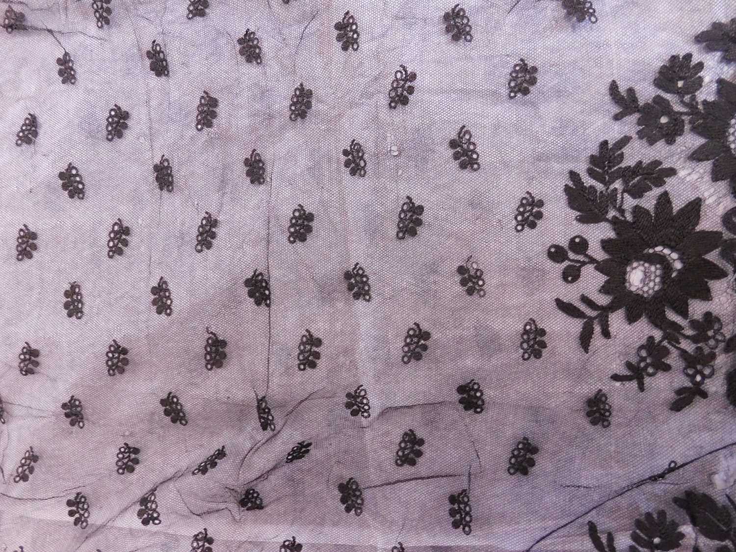 A late Victorian black lace shawl, with scalloped floral edges and allover floral pattern, approx. - Image 8 of 12