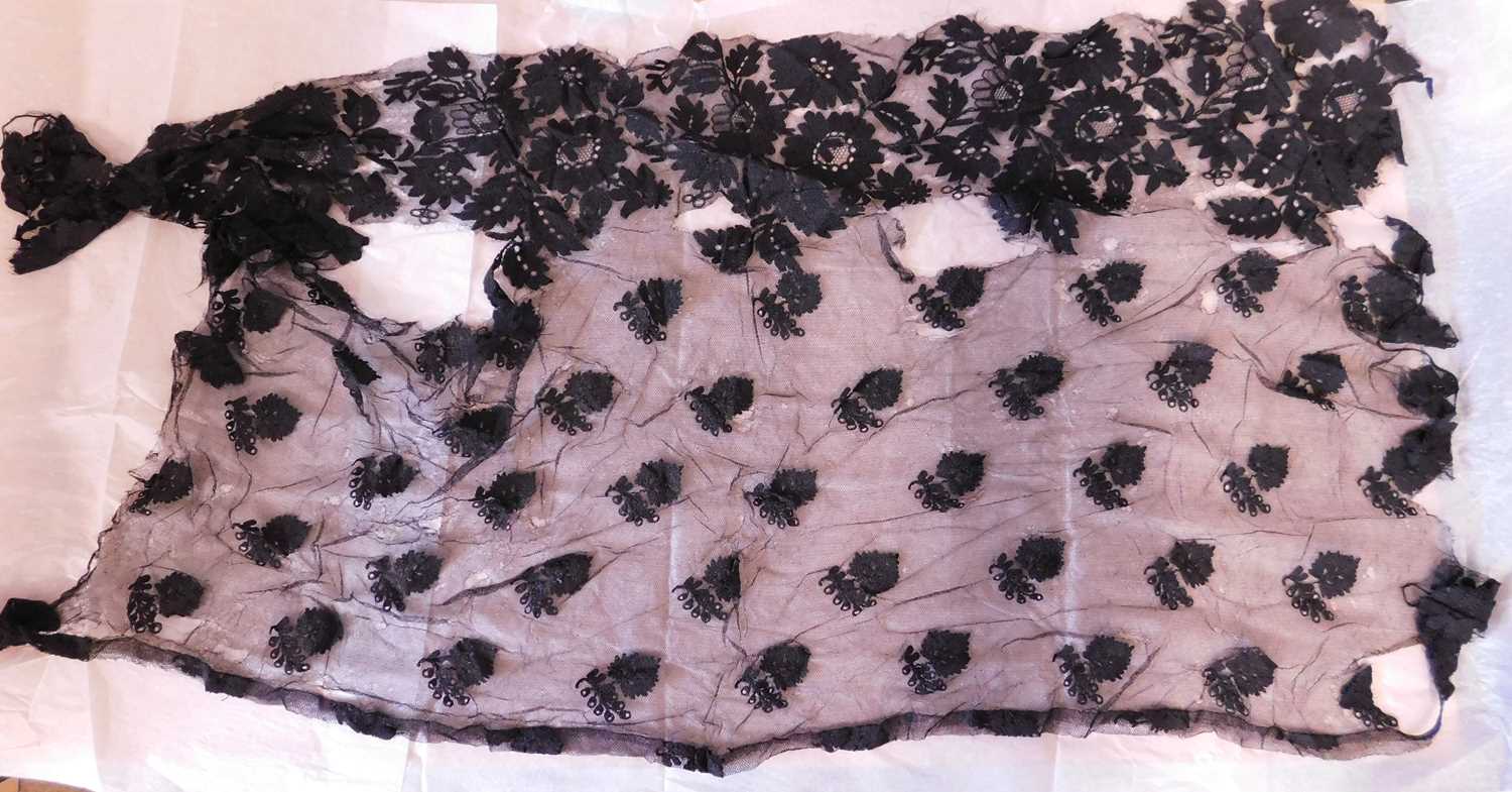 A late Victorian black lace shawl, with scalloped floral edges and allover floral pattern, approx. - Image 5 of 12