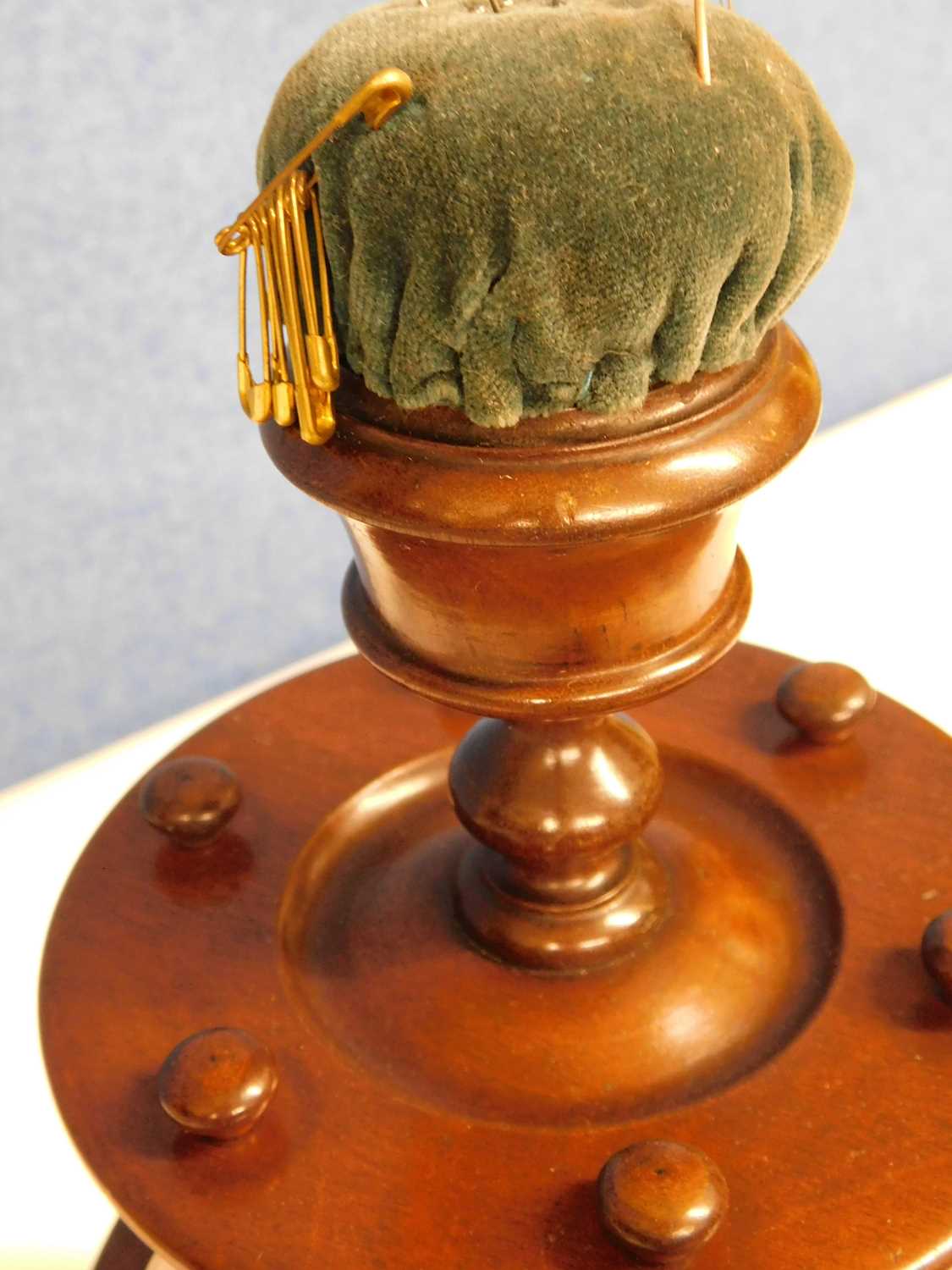 A 19th century two tier mahogany cotton reel holder with pincushion top, approx. 33cm high - Image 3 of 4